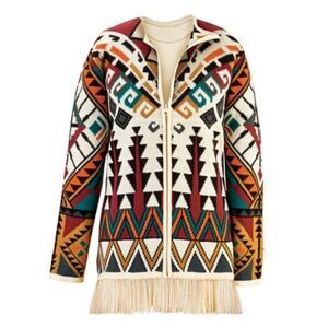 Collections Etc Women’s Large Southwest Zip Front & Fringe Hem Cardigan Sweater